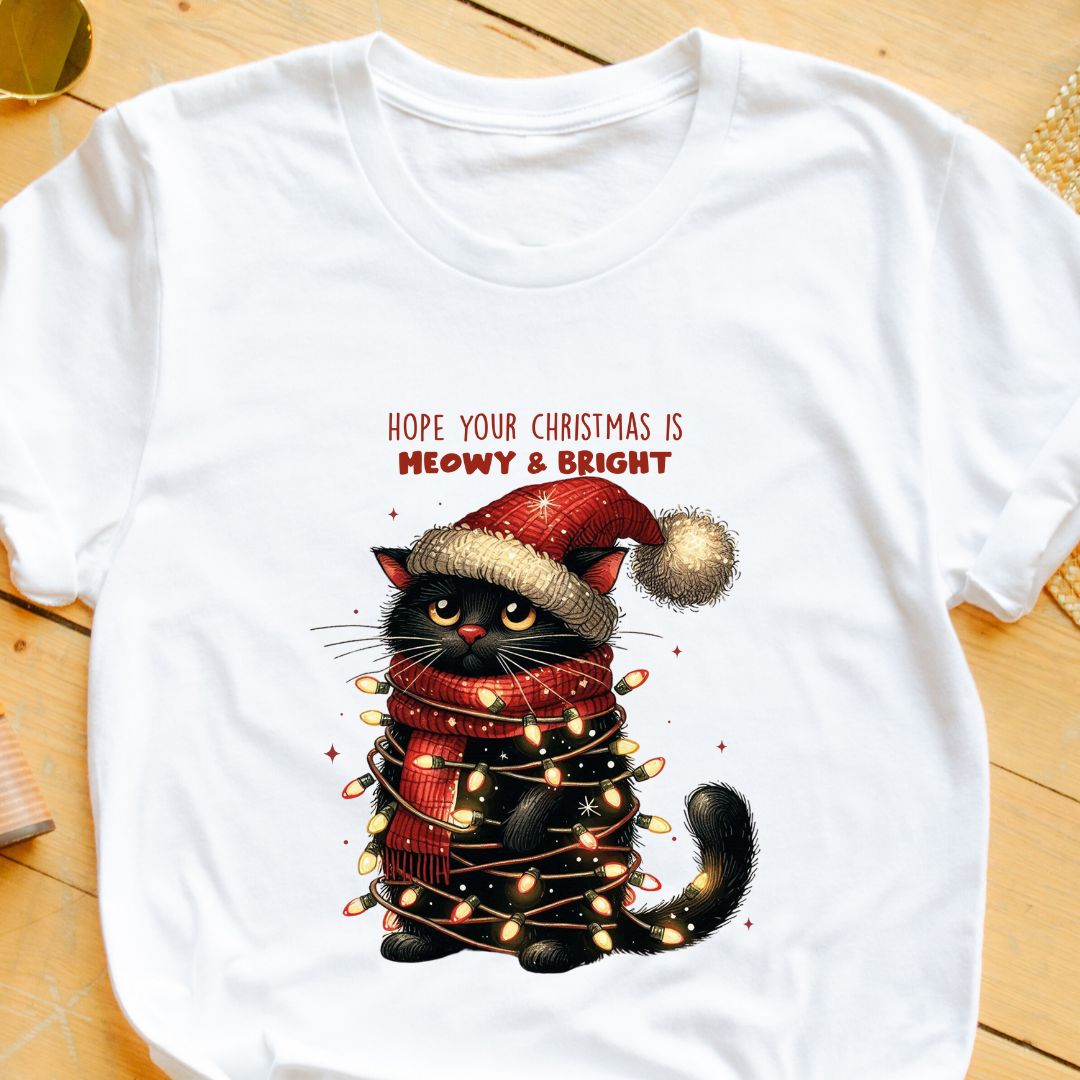 "Hope Your Christmas is Meowy & Bright" T-Shirt – Cute Cat Holiday Tee | Unisex Fit