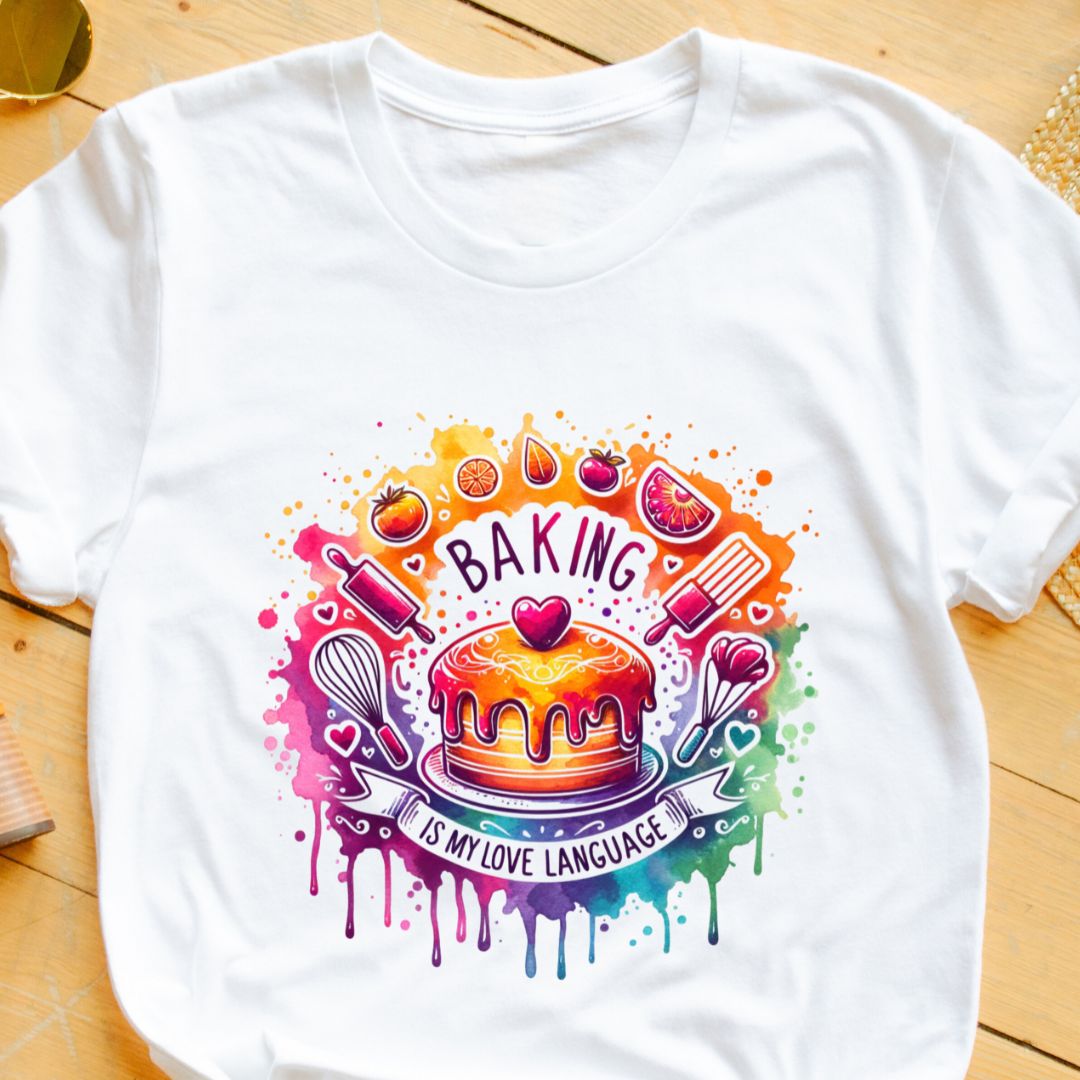 Baking Is My Love Language – Vibrant T-shirt with Colorful Baking Elements | Eazy Peace