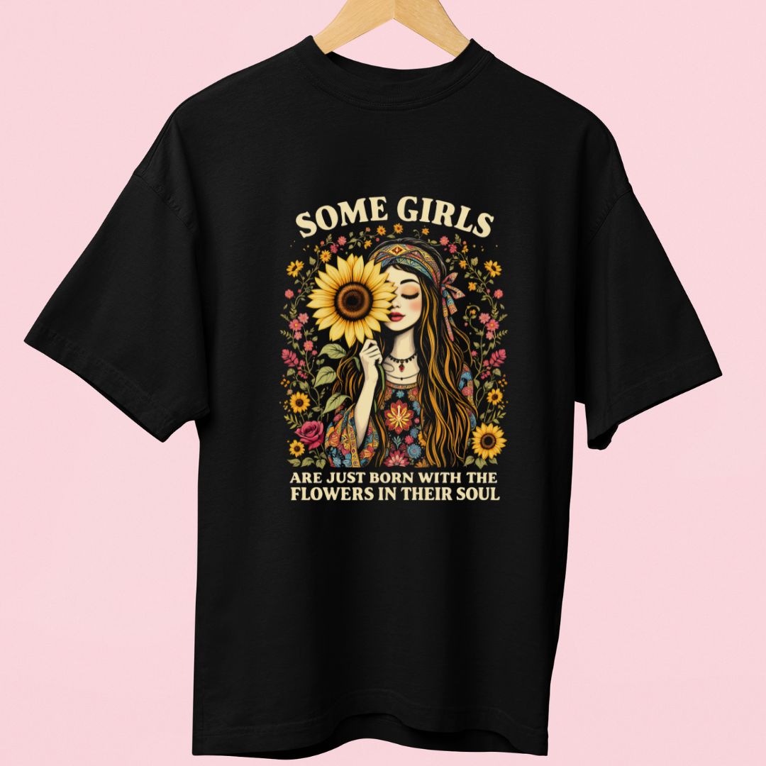 Oversized Boho Girl T-Shirt – Sunflower Graphic & Inspirational Quote | Chic & Trendy Gift for Women