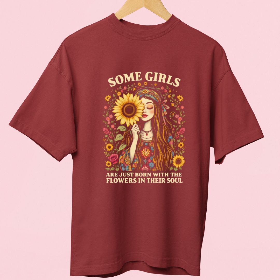 Oversized Boho Girl T-Shirt – Sunflower Graphic & Inspirational Quote | Chic & Trendy Gift for Women