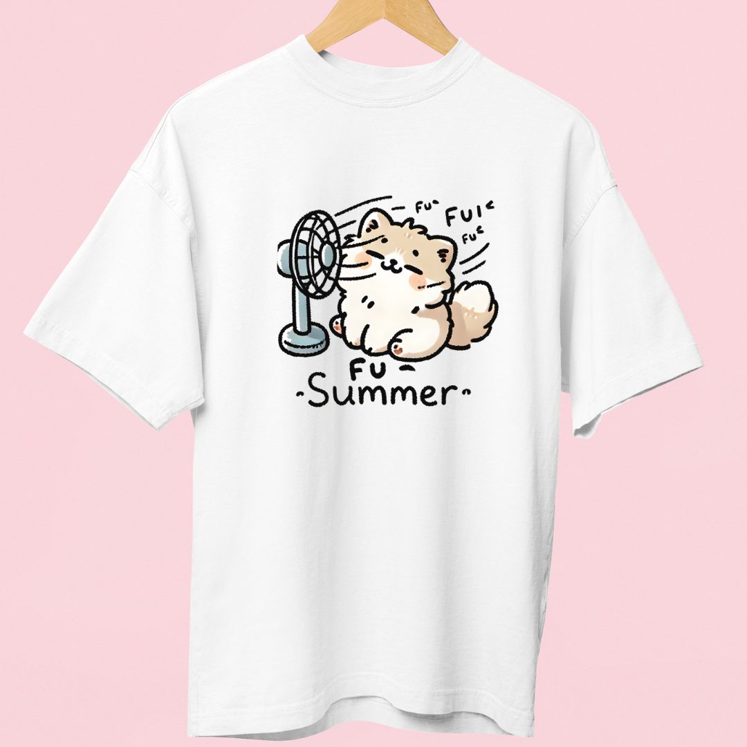 "Fu Summer" Oversized T-Shirt – Cute Cat in Front of Fan Design for Summer