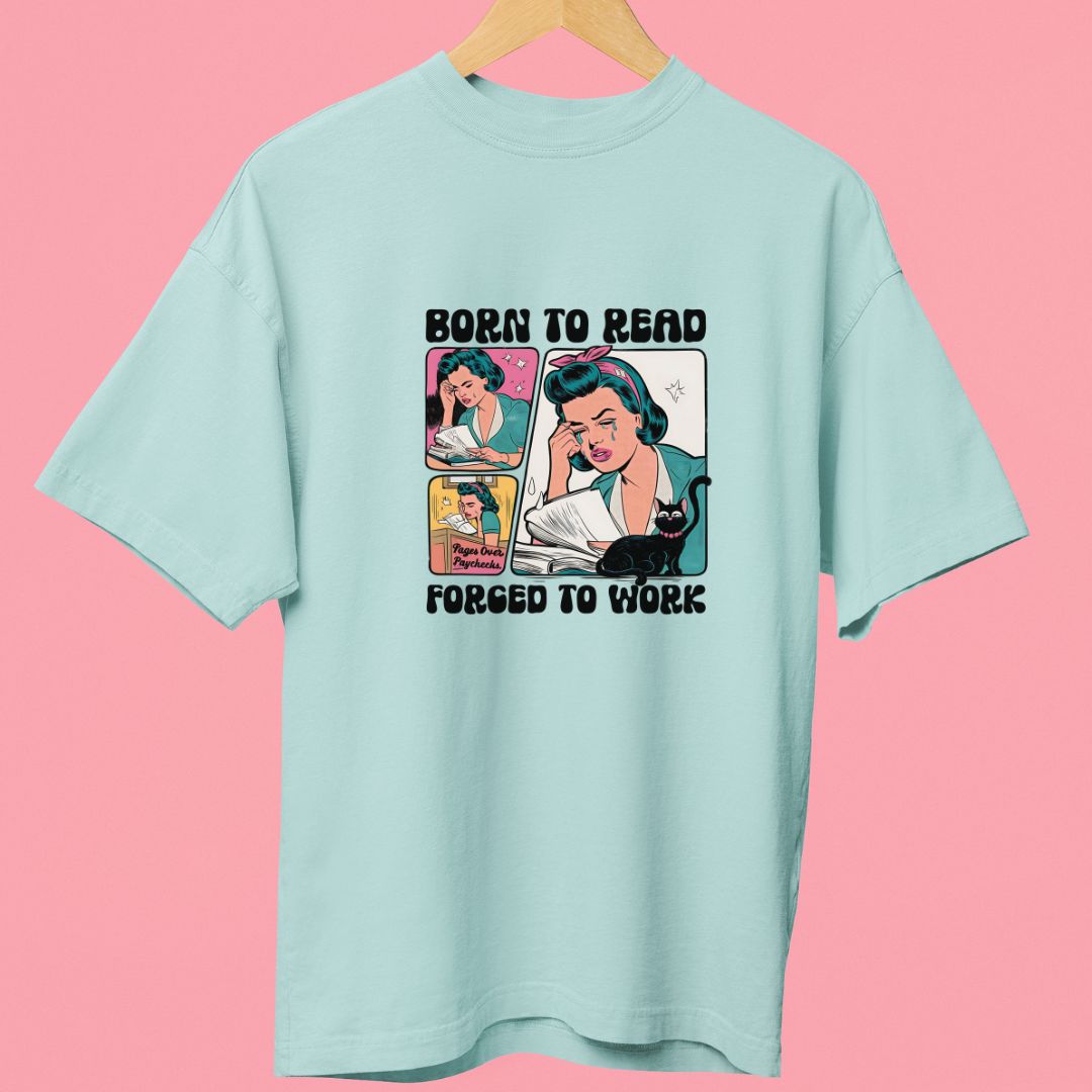 "Born to Read, Forced to Work" T-Shirt – Retro Girl & Cat Design for Book Lovers