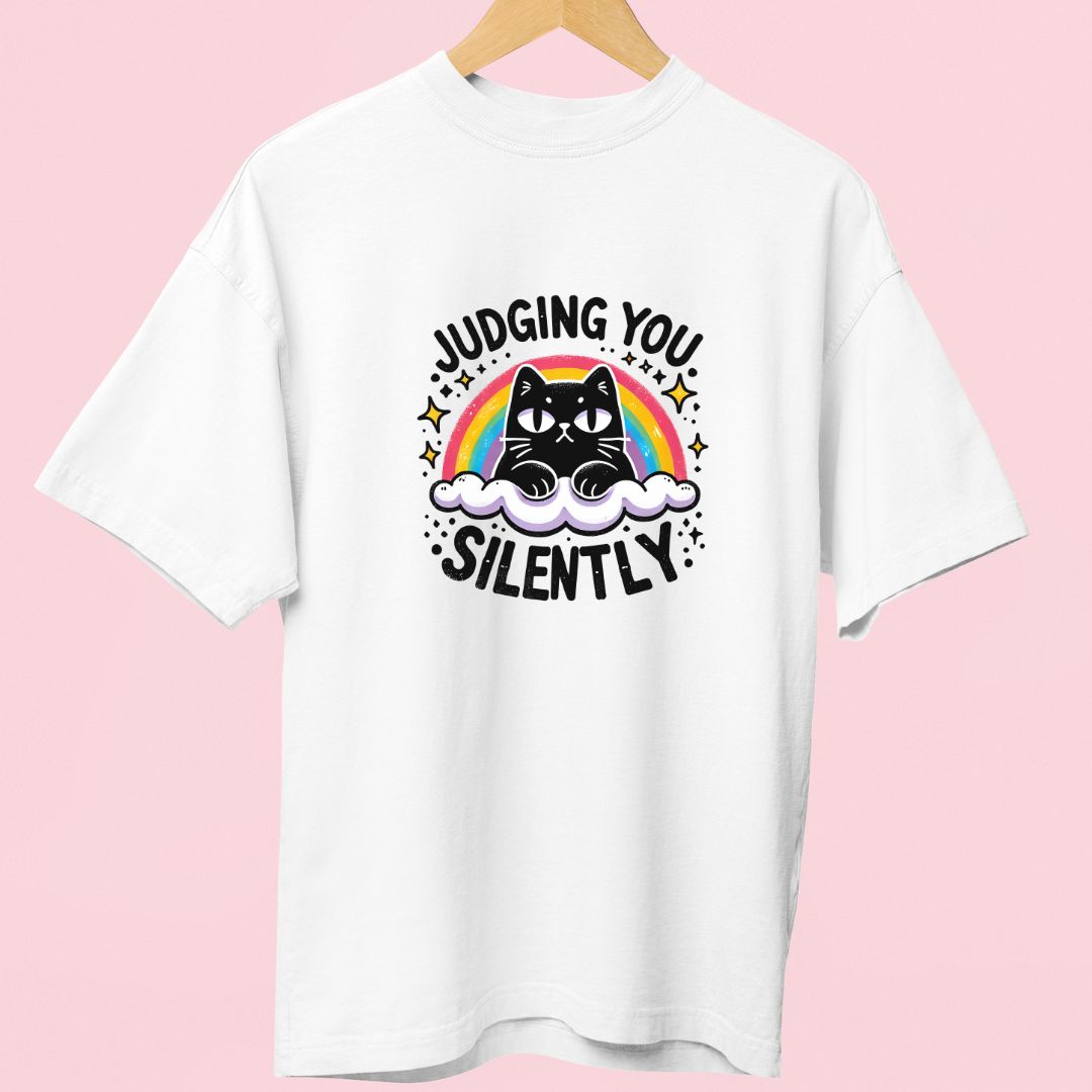 "Judging You Silently" Oversized T-Shirt – Funny Cat Design for Cat Lovers