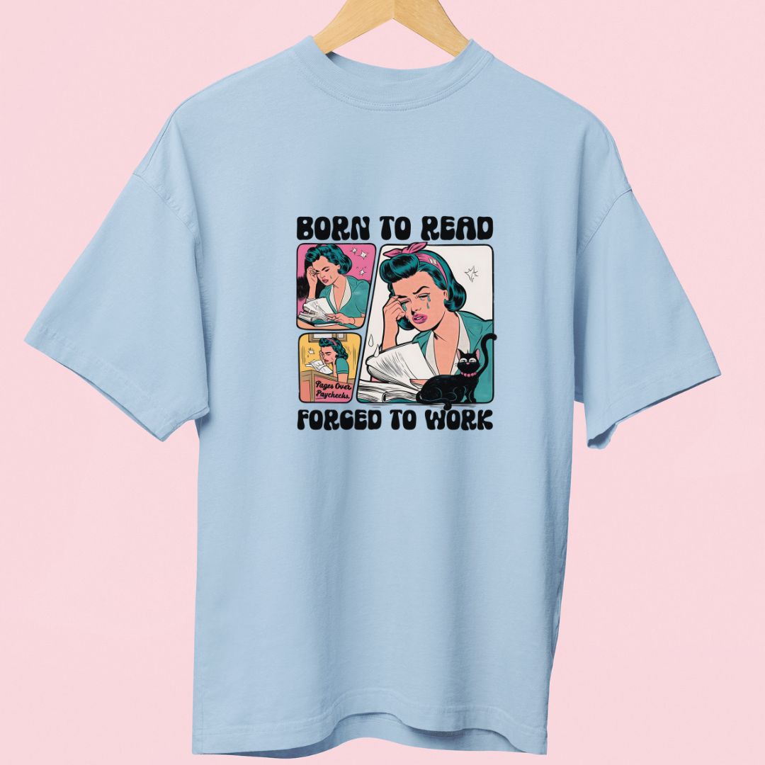 "Born to Read, Forced to Work" T-Shirt – Retro Girl & Cat Design for Book Lovers