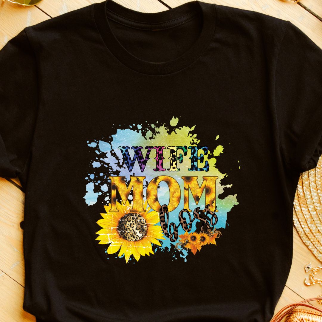 "Wife. Mom. Boss." Sunflower & Animal Print T-Shirt