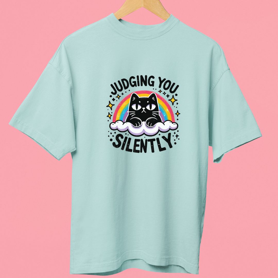 "Judging You Silently" Oversized T-Shirt – Funny Cat Design for Cat Lovers