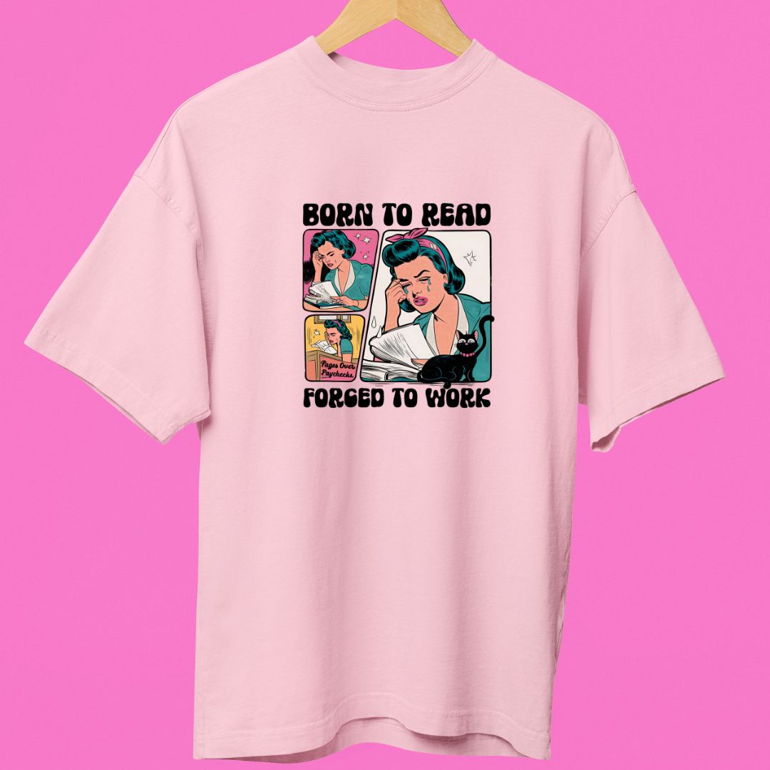 "Born to Read, Forced to Work" T-Shirt – Retro Girl & Cat Design for Book Lovers