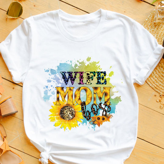 "Wife. Mom. Boss." Sunflower & Animal Print T-Shirt