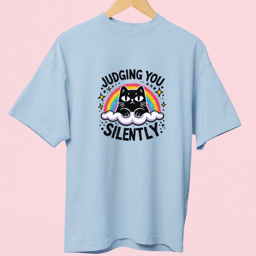 "Judging You Silently" Oversized T-Shirt – Funny Cat Design for Cat Lovers