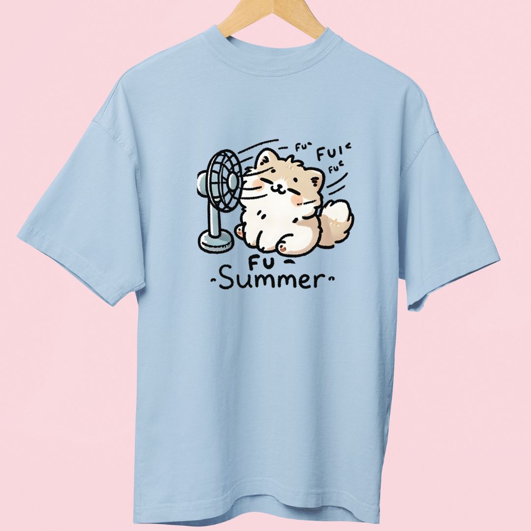 "Fu Summer" Oversized T-Shirt – Cute Cat in Front of Fan Design for Summer