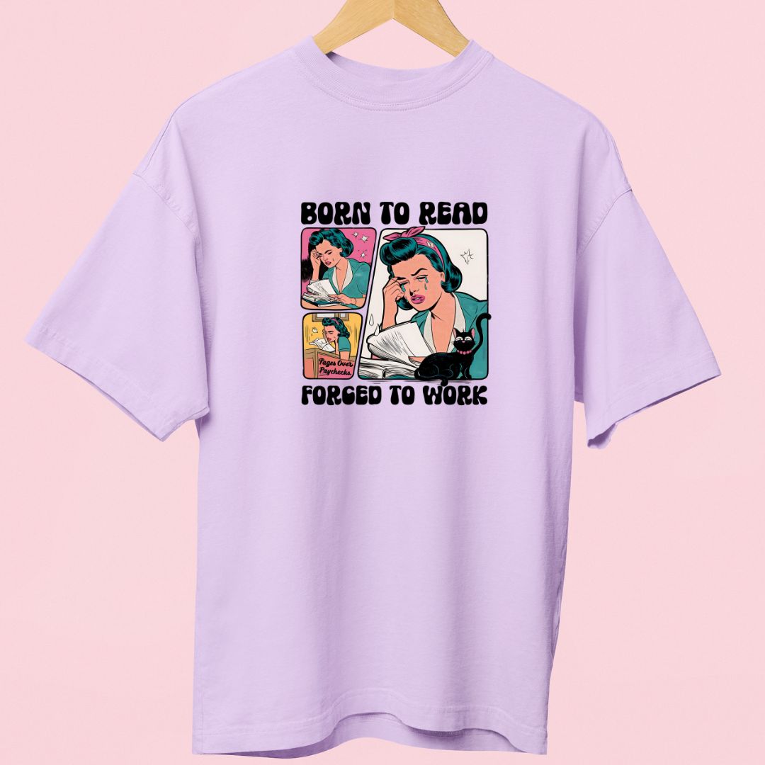 "Born to Read, Forced to Work" T-Shirt – Retro Girl & Cat Design for Book Lovers