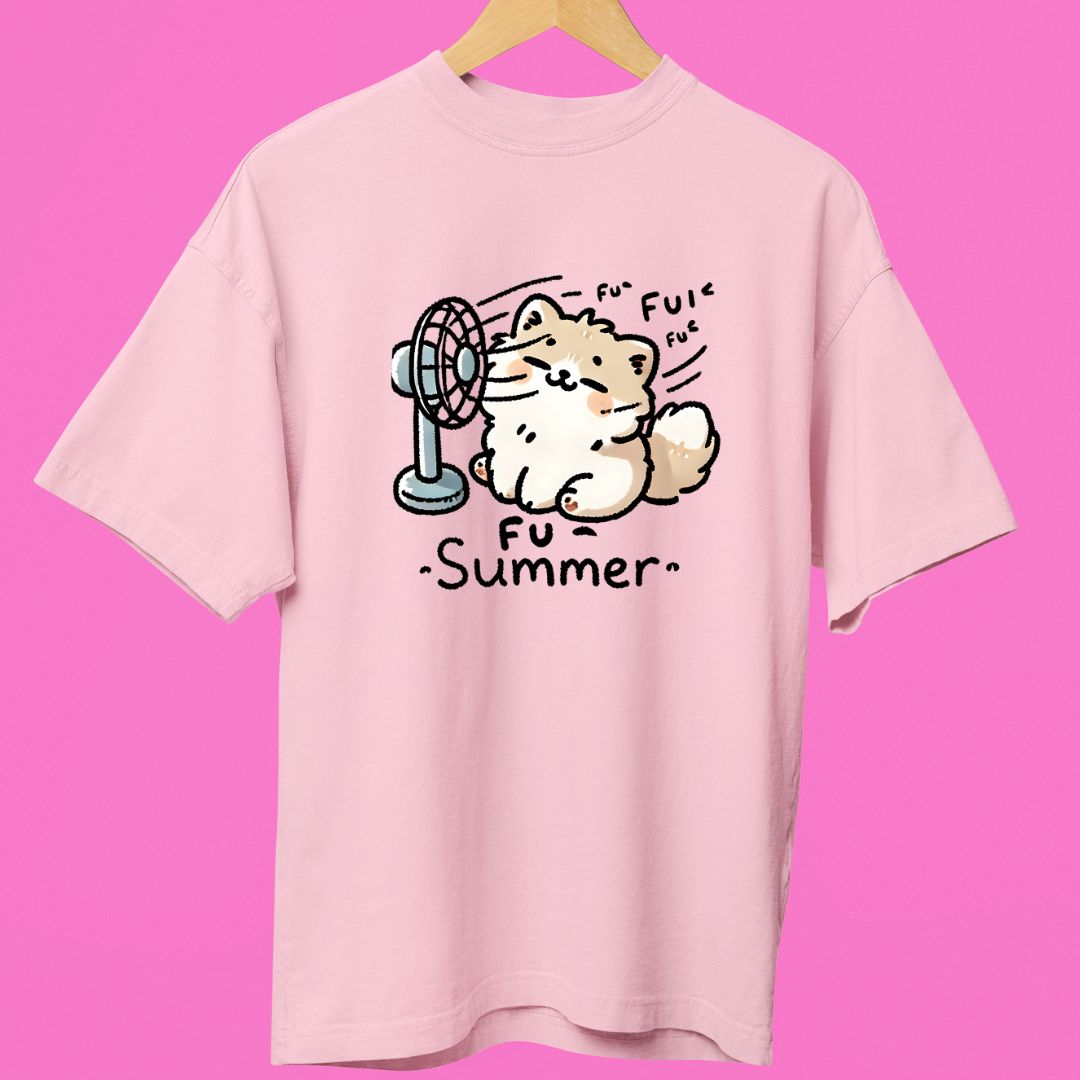 "Fu Summer" Oversized T-Shirt – Cute Cat in Front of Fan Design for Summer