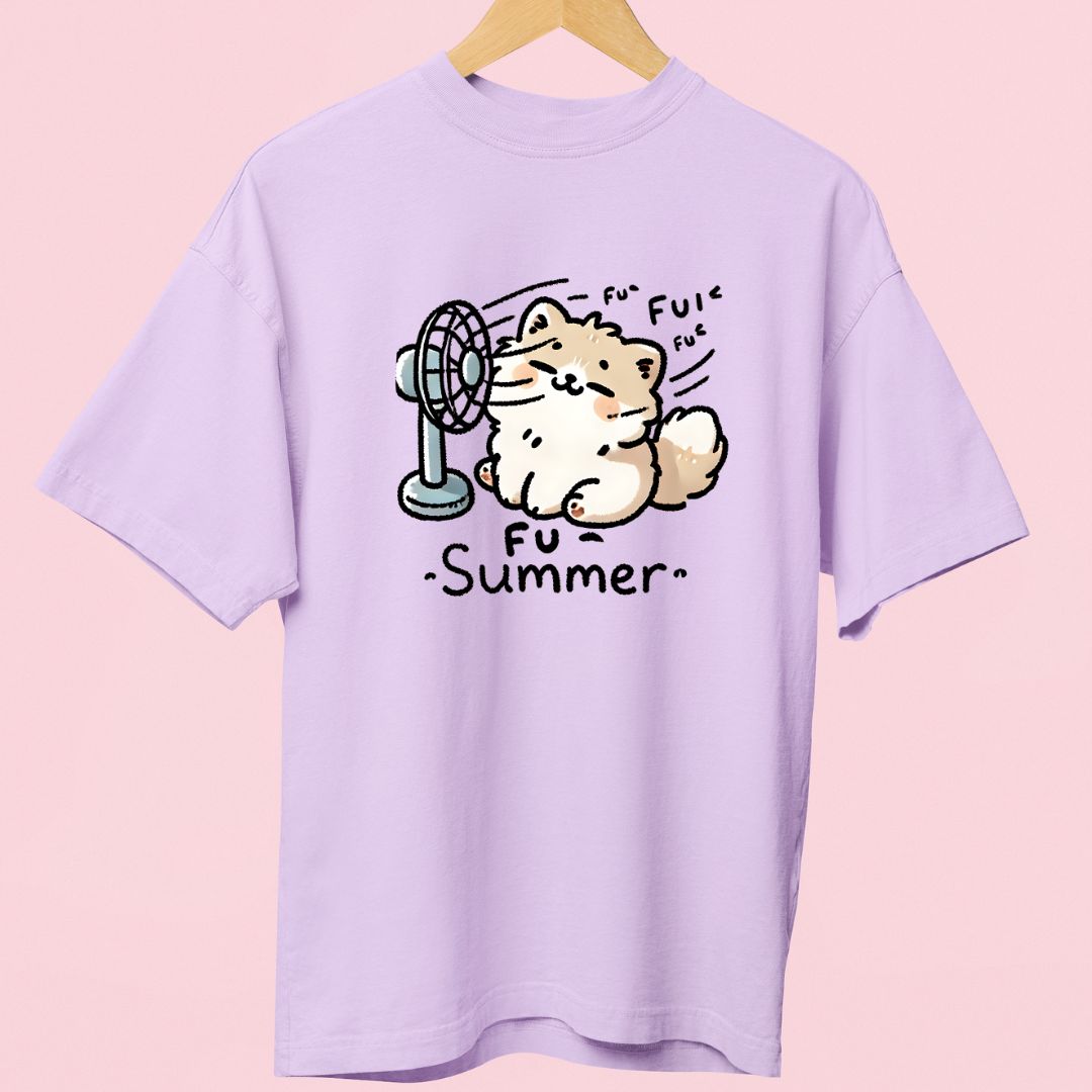 "Fu Summer" Oversized T-Shirt – Cute Cat in Front of Fan Design for Summer