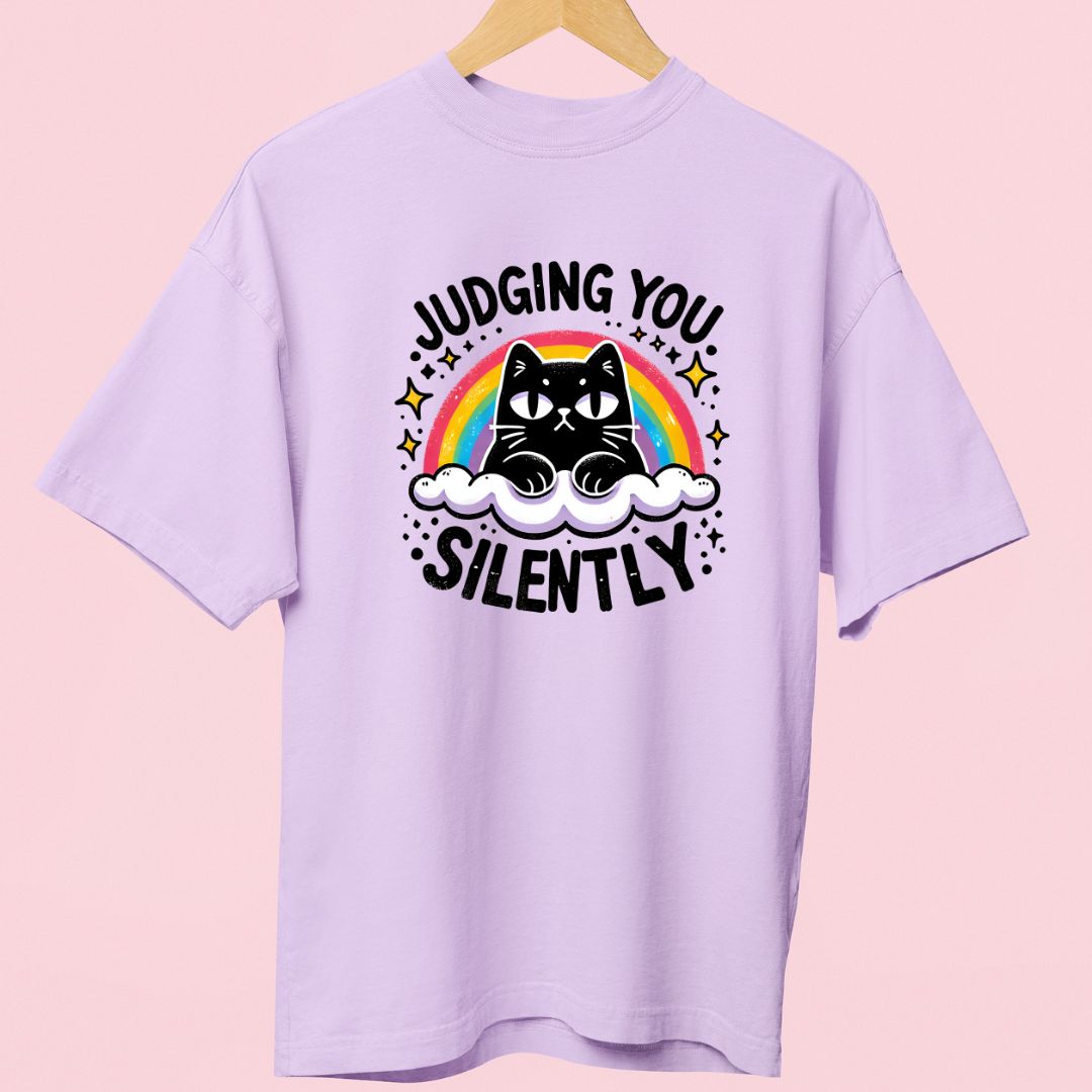 "Judging You Silently" Oversized T-Shirt – Funny Cat Design for Cat Lovers