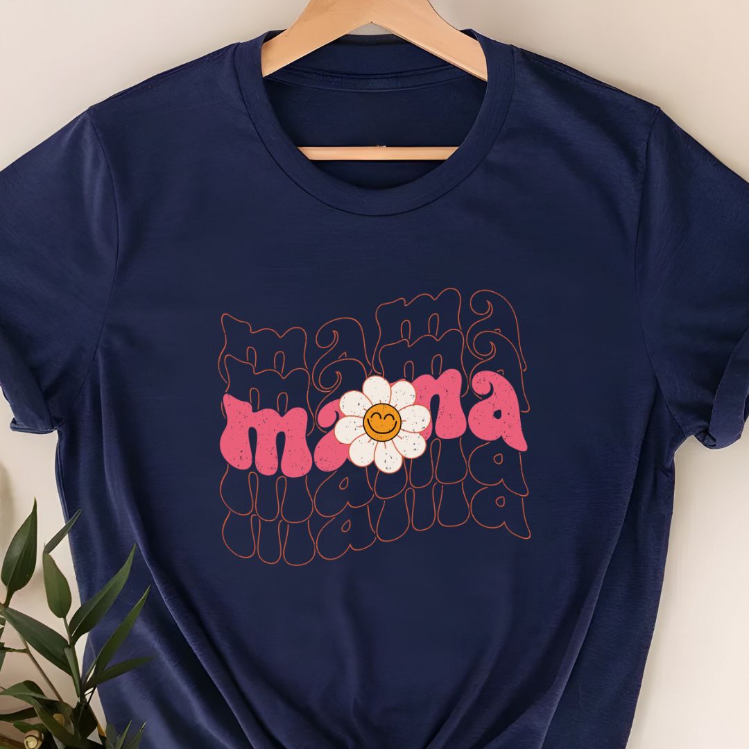 Retro Style Mama T-Shirt with Floral & Smiley Graphic – Perfect for Mothers