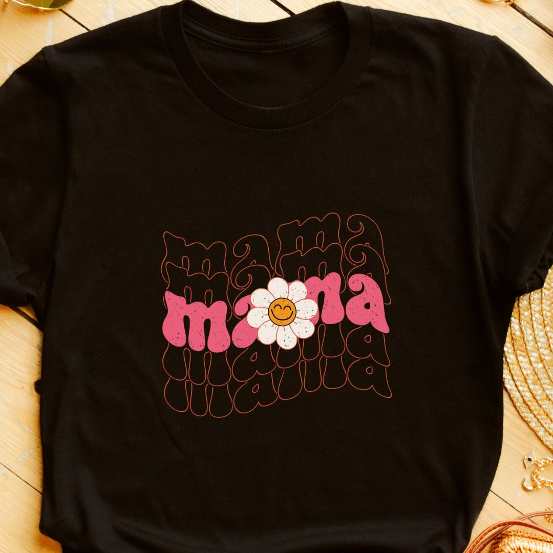 Retro Style Mama T-Shirt with Floral & Smiley Graphic – Perfect for Mothers