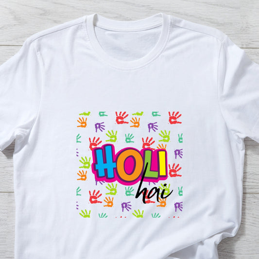 Holi Hai, Handprint Holi T-shirt in White Unisex