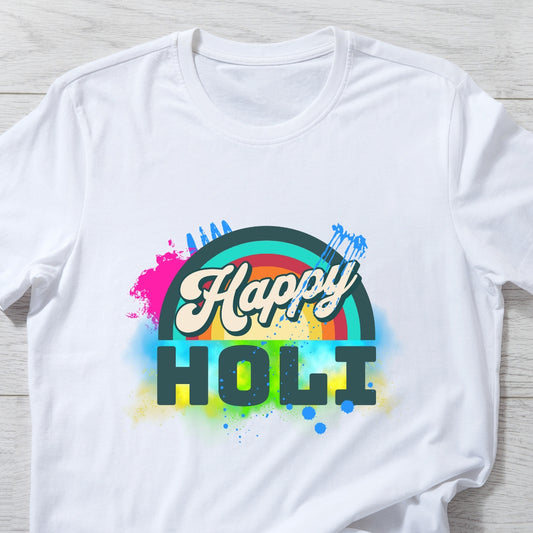 Happy Holi Retro Style Holi T-shirt in White Unisex