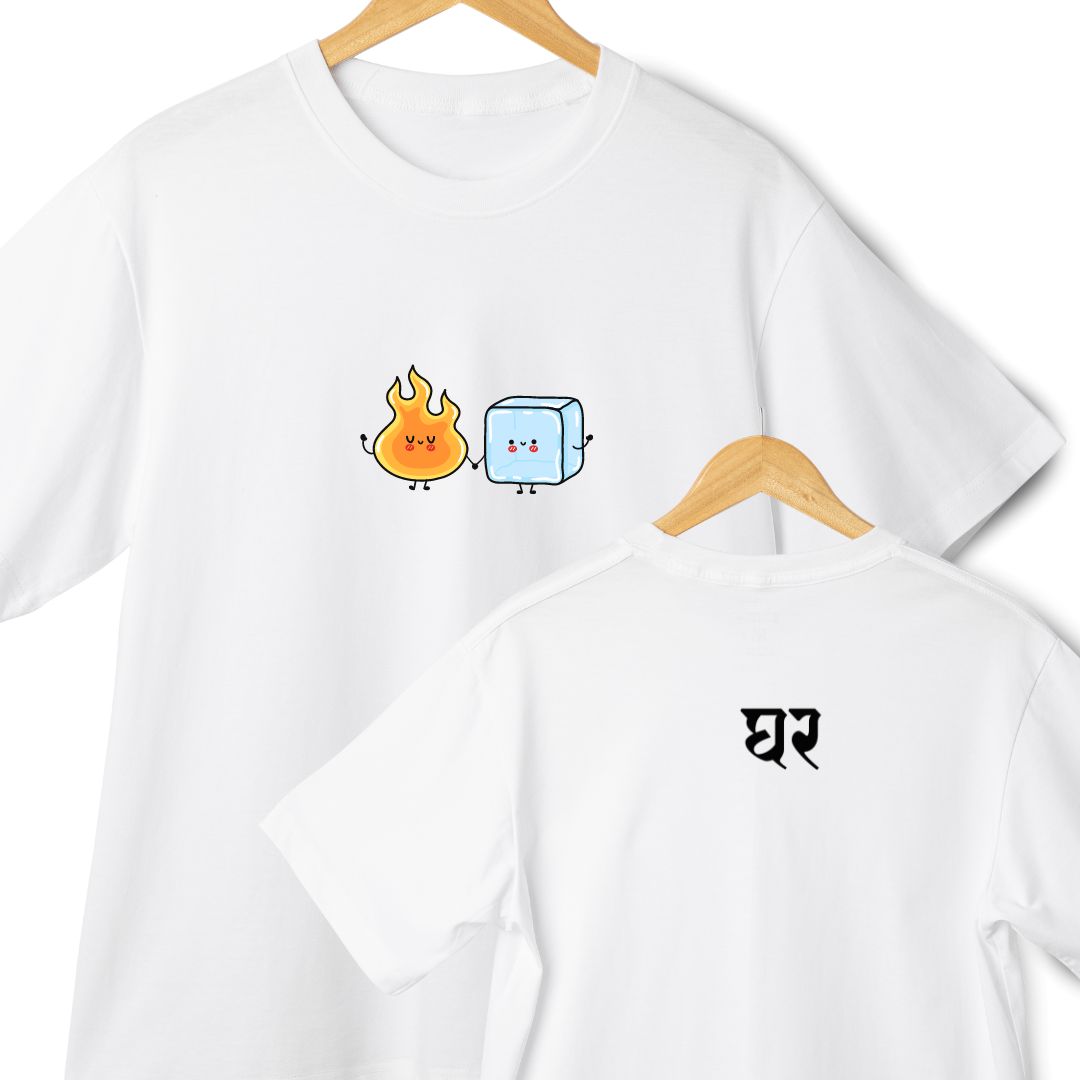 Opposites Attract Oversized T-Shirt | Funny Ice Cube & Fire Graphic | Perfect for Couples