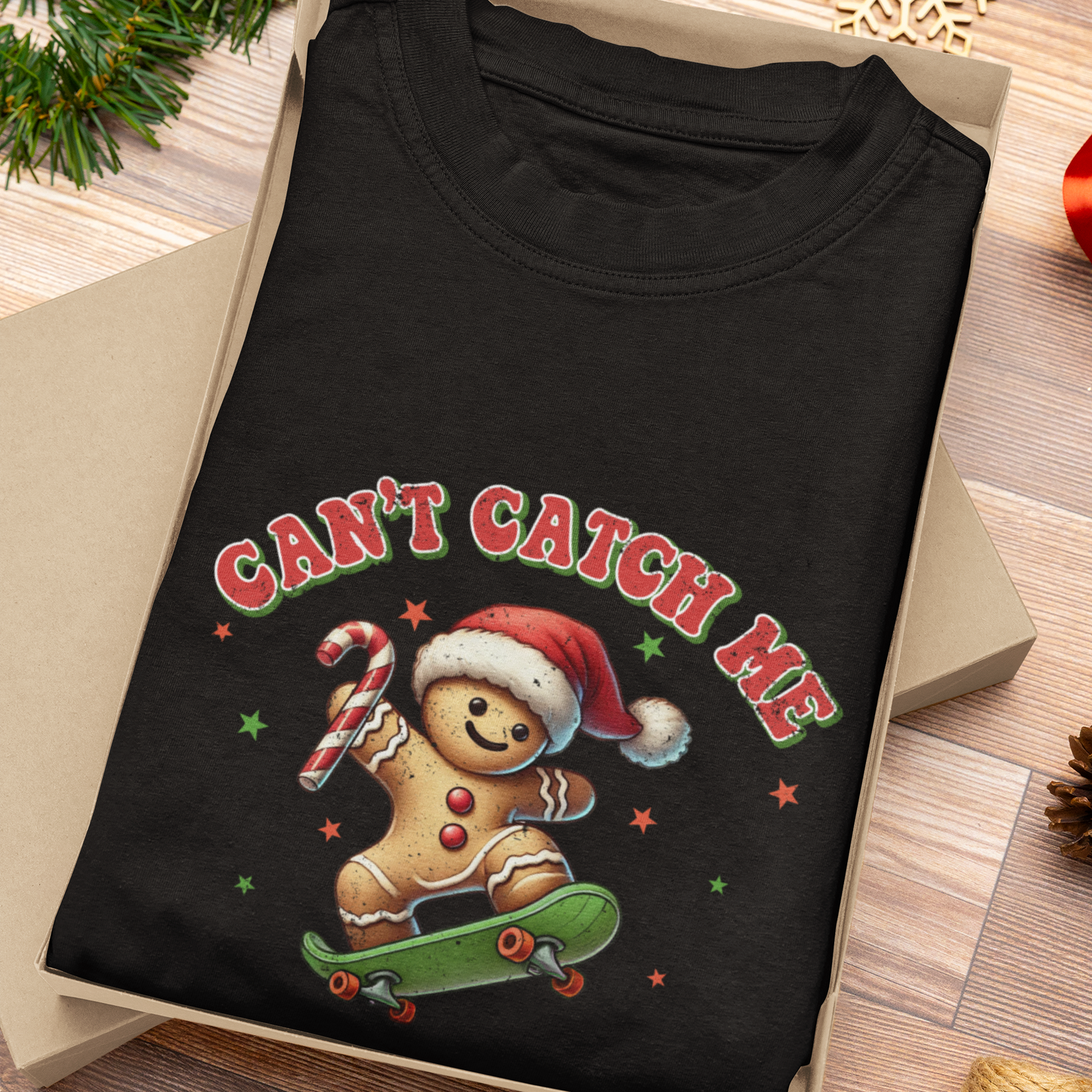 "Can't Catch Me" Gingerbread Man Skateboard T-Shirt – Funny Christmas Tee for Family & Friends | Unisex Fit